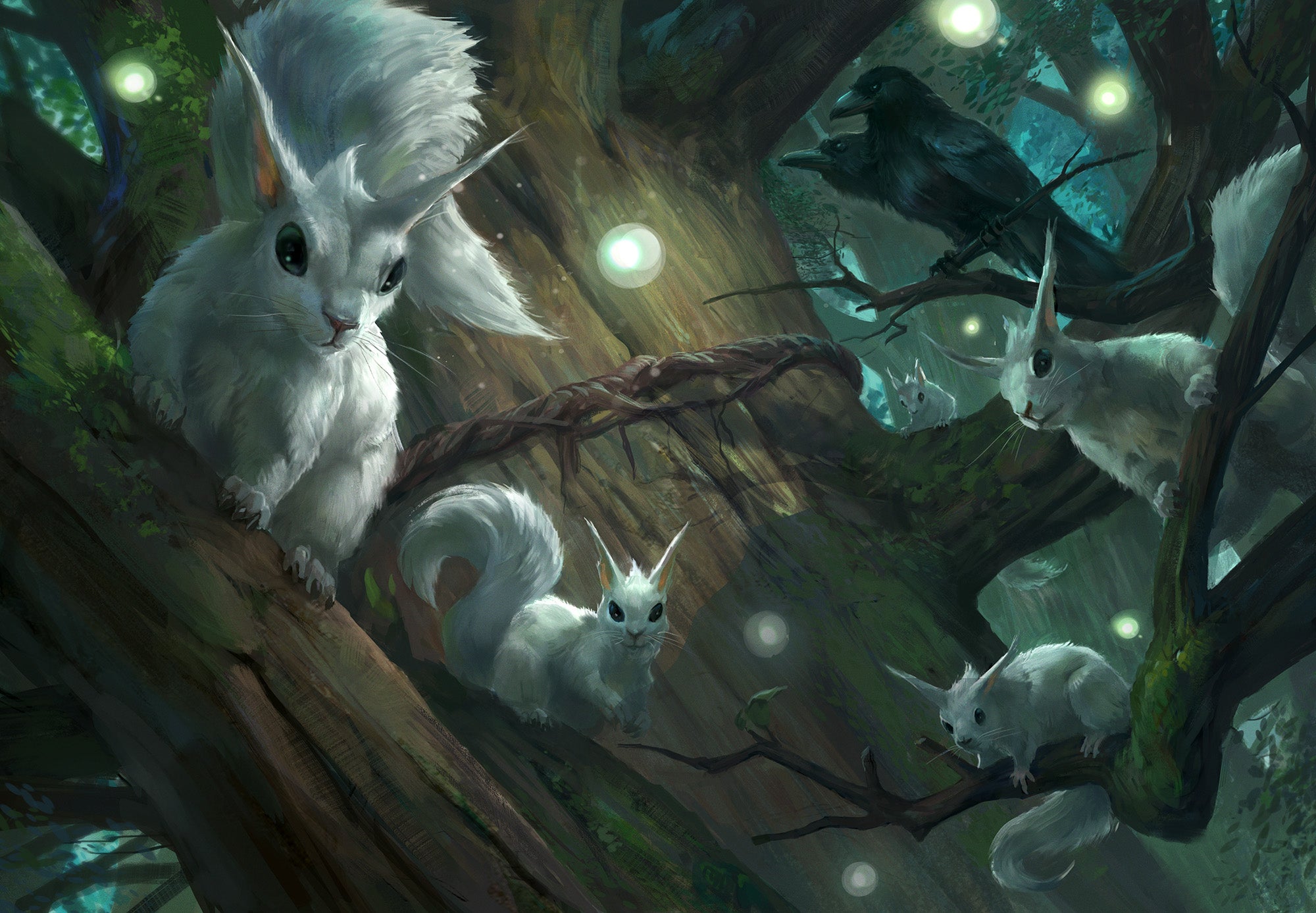 A group of white, long eared squirrels and a two headed crow, sit gathered together on a clump of tree branches, lit up by tiny floating lights.