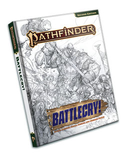 Pathfinder Second Edition Battlecry! Sketch Cover. A pencil sketched illustration of a diverse army dressed in silver and gold plate armor runs forward with an orc leading the charge