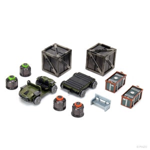 Starfinder Battles: Planets of Peril Docking Bay individual pieces with with multiple cargo trunks and a transport vehicle