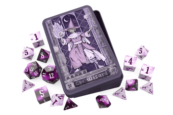 Beadle and Grimm's Wizard Dice Tin. A dice tin inspired by the Wizard class with an illustration of a robed wizard with a staff in one hand and summoning a fireball with the other The tin is surrounded by light and dark purple dice.