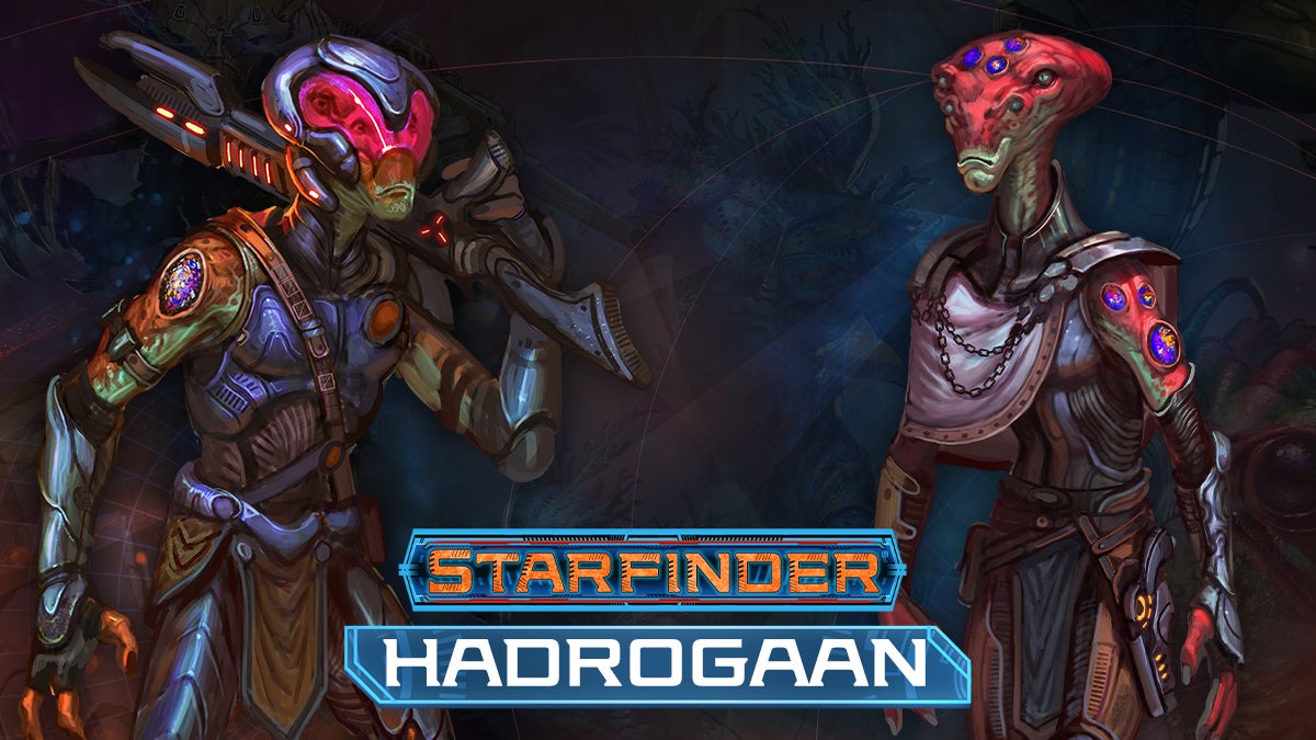 Starfinder Hadrogaans: Two tall green aliens wearing armor with four eyes. One wears a helmet with a rifle over their shoulder and the other wears a cape over one shoulder