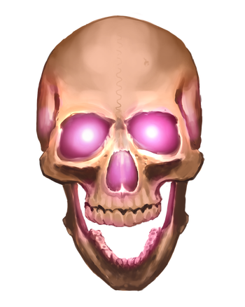 Illustration by Josef Kucera: A human skull with glowing pink eyes and her mouth open because she’s talking.