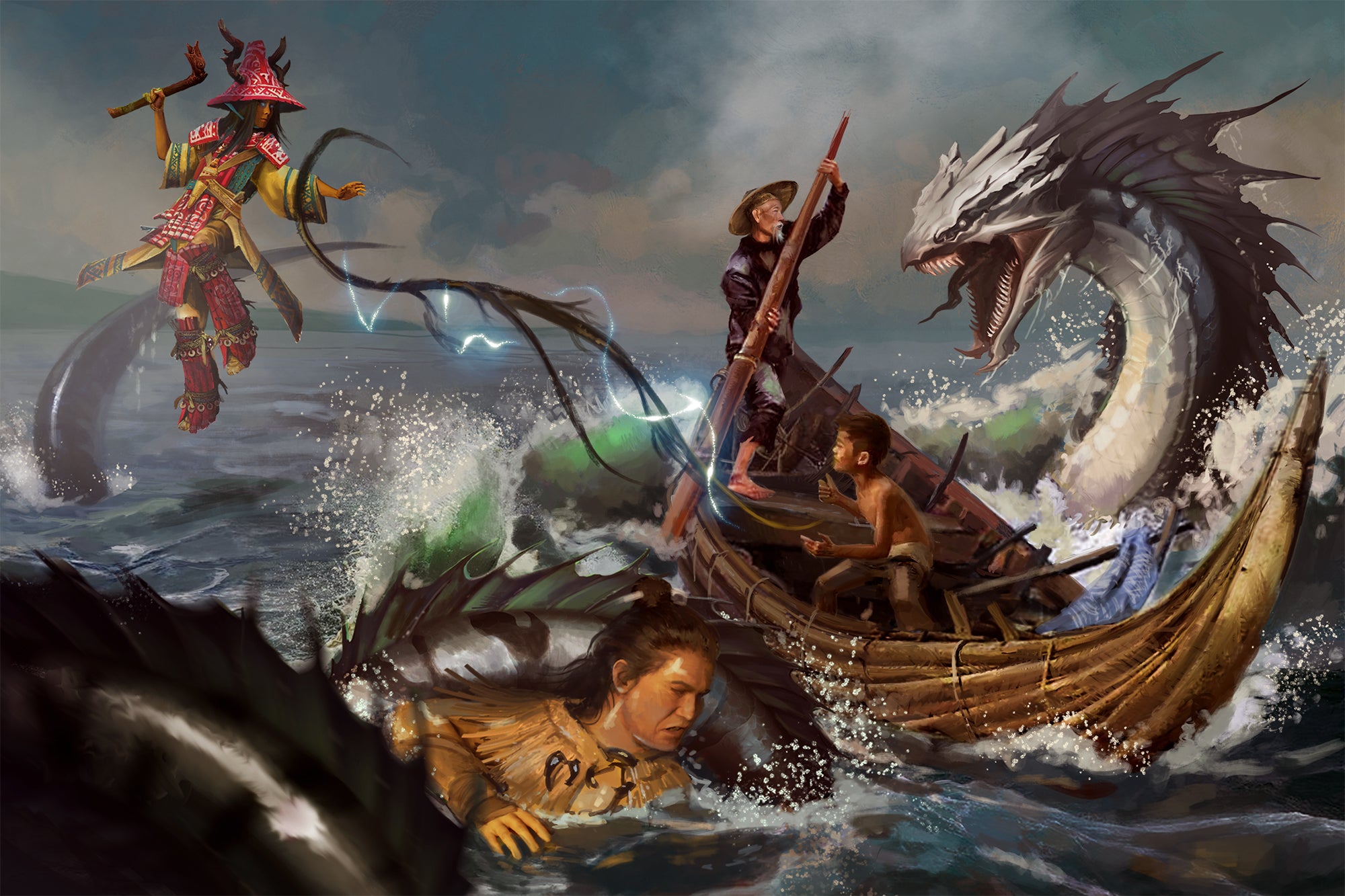 Nahoa and Samo battle sea serpents. Art by Oleksii Chernik.