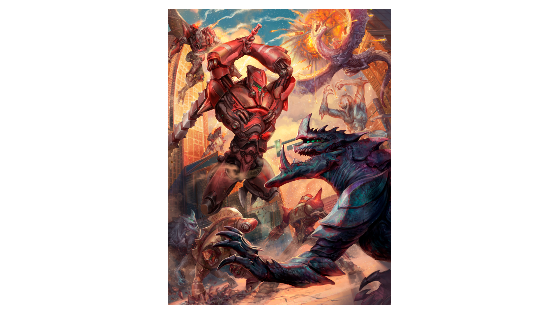 The cover image for Mechageddon!, featuring large mechs fighting large kaiju monsters.