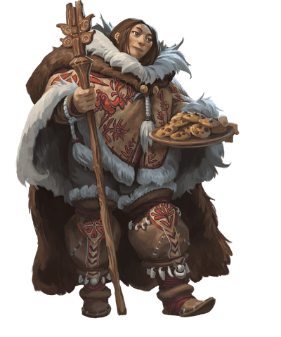 Diarra Romagne, art by Anselmi Hyytinen. A woman dressed in decorated furs, holds a staff in one hand and a tray of cookies in the other.