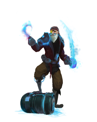 Illustration by Fabio Di Bernardi: A male human space pirate stands with one leg atop a tipped barrel, cutlass and holohook in hand.