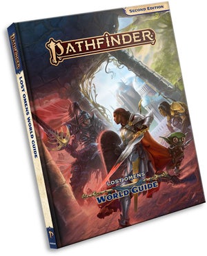 Pathfinder Second Edition Lost Omens World Guide: Pathfinder iconic champion, Seelah, dressed in full plate armor carrying a sword and shield, faces against an undead monster in full armor, wielding a giant sword.