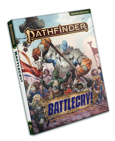 Pathfinder Second Edition Battlecry! Pocket Edtion: A soft cover book featuring cover art of a diverse army dressed in silver and gold plate armor runs forward with an orc leading the charge