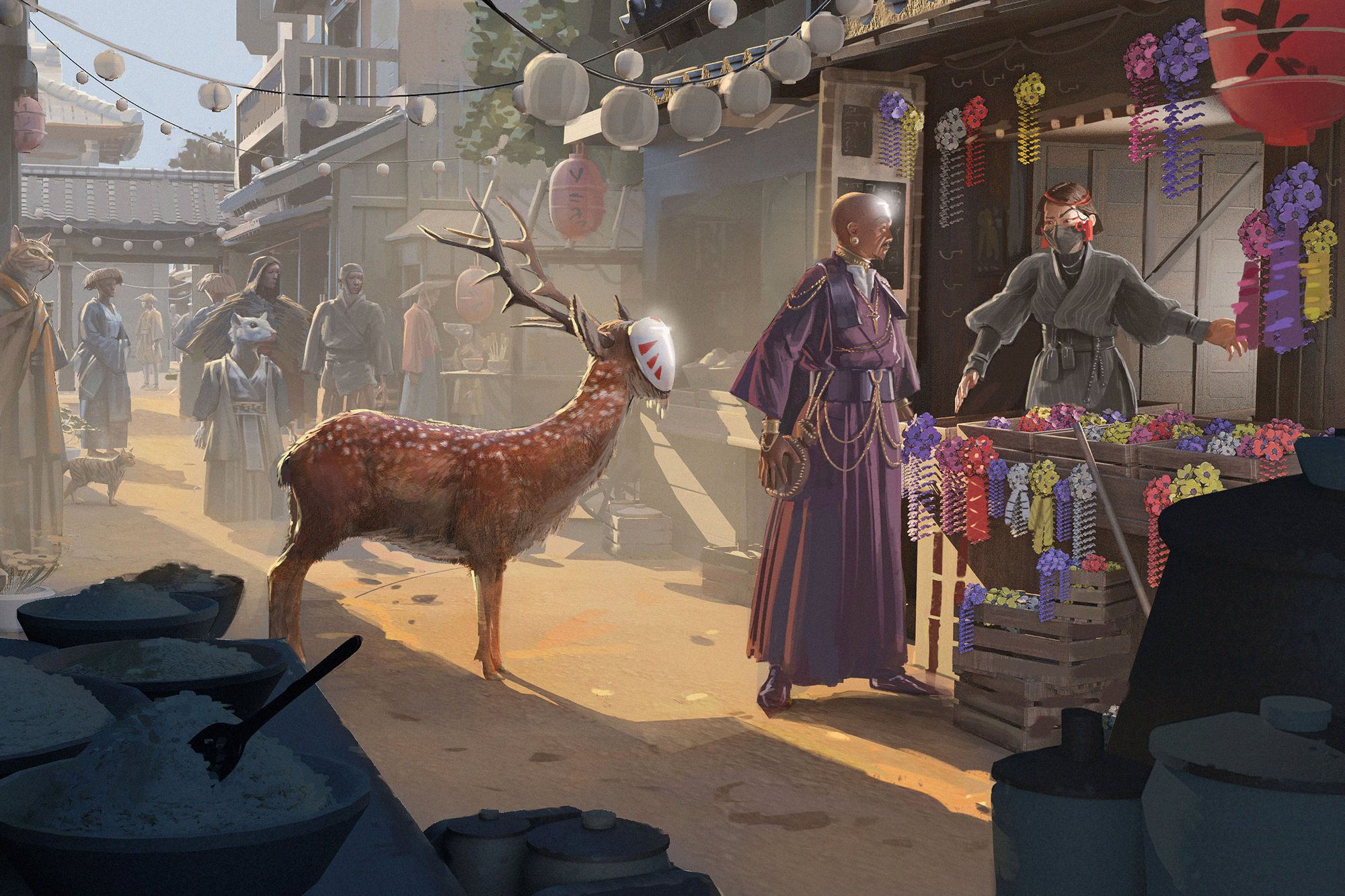Ilustration by Sammy Khalid: Hide and the deer kami speak to a merchant in the marketplace.