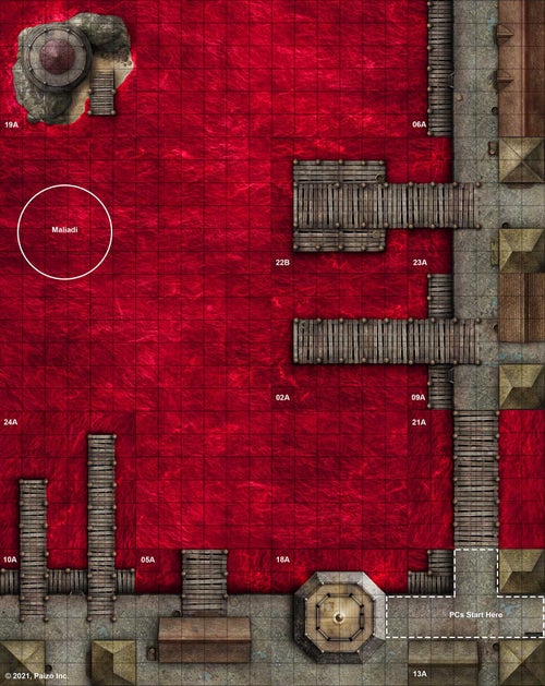 A tagged, tiled map of an urban waterfront, with docks reaching out into red water