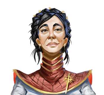 Artist Nicolas Espinoza:  A dark haired, smiling priestess of Iomedae