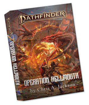Pathfinder Second Edition Operation Hellmouth by Chris A. Jackson: Pathfinder iconic fighter, Valeros, and a knight dressed in silver and gold plate armor battle a huge, red scaled dragon with two large horns protruding from its temple and wrapping forward towards its open mouth.