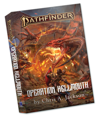 Pathfinder Second Edition Operation Hellmouth by Chris A. Jackson: Pathfinder iconic fighter, Valeros, and a knight dressed in silver and gold plate armor battle a huge, red scaled dragon with two large horns protruding from its temple and wrapping forward towards its open mouth.
