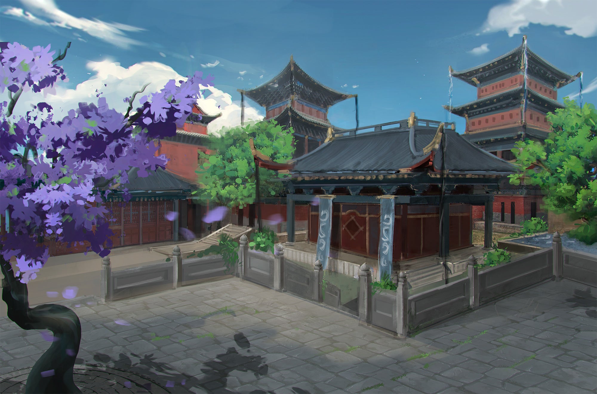 Monastery of the Unbreaking Waves by Sandra Posada. A monastery on a sunny day surrounded by blooming leafy and floral trees.