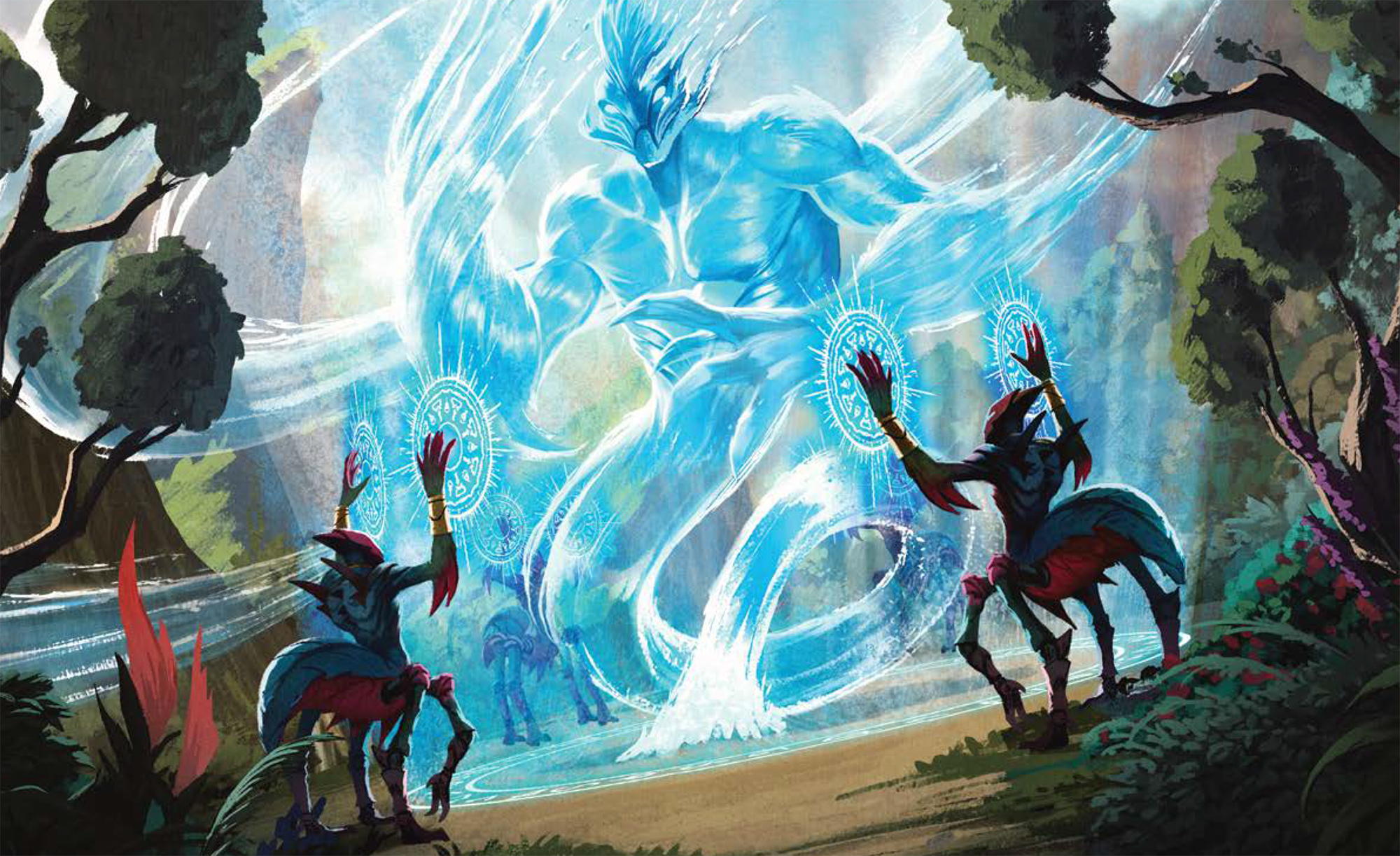 Three insect-like aliens summoning a large elemental-esque being 