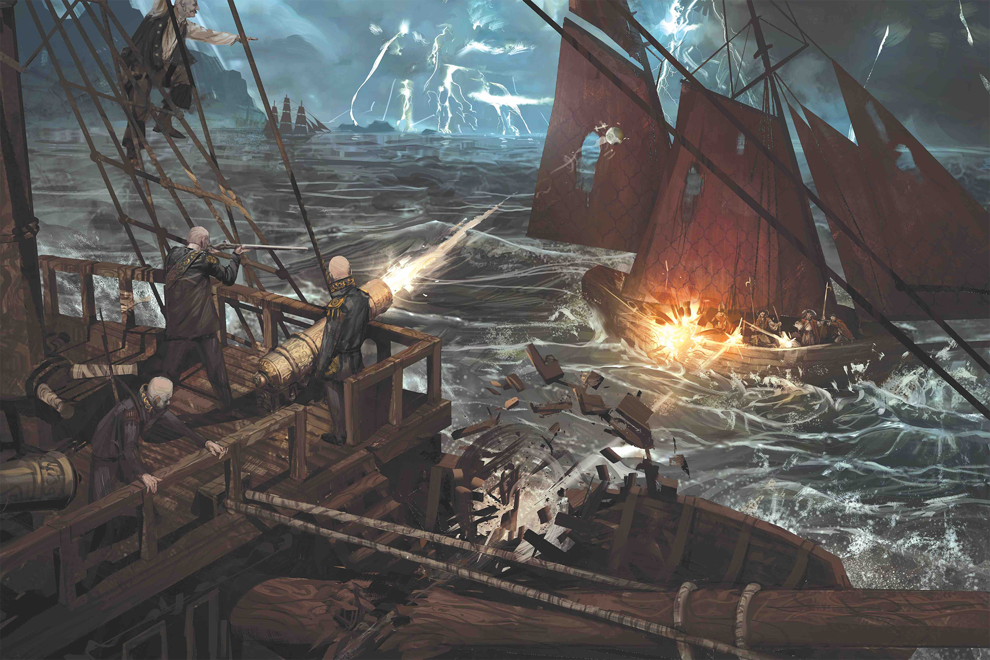 Sailors on a large ship fire cannons at smaller ship a short distance away. Returning fire shatters parts of the ship as cannonballs whiz by