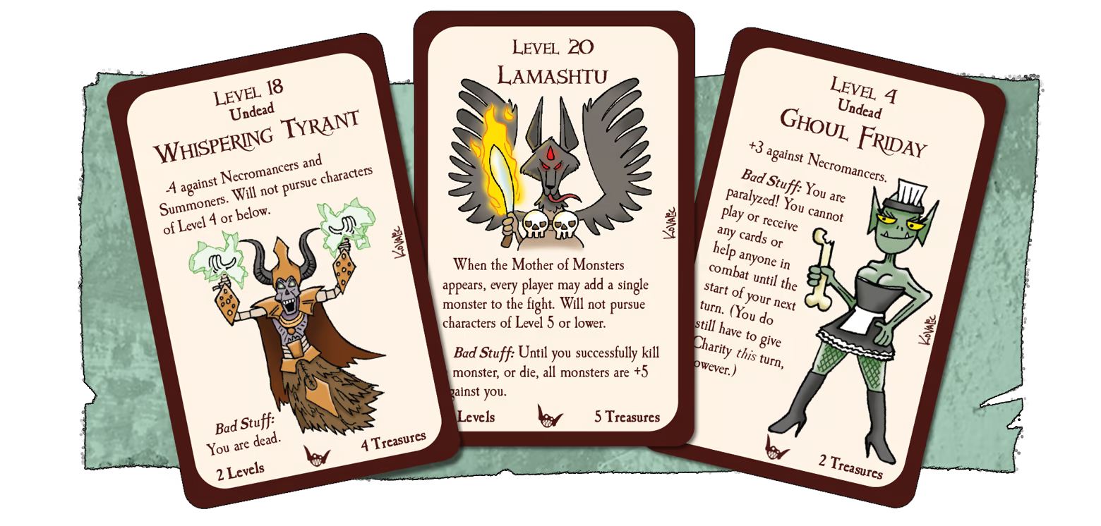 Munchkin digital pathfinder. A spread of three playing cards, each with a different monster. The card on the left is a Level 18 undead: Whispering Tyrant. The art is a skeletal being wearing gold colored armor, lifting their hands in the air as green colored magic surrounds their hands. The second card is a level 20 Lamashtu, the art is a creature with a humanoid body, wolf-like head, large dark wings, and holding up a flaming sword. The third card is a level 4 undead, Ghoul Friday. The art is a green skinned ghoul, dressed like a french maid in a little black dress, fishnet tights and white apron.