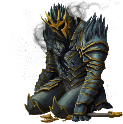 Illustration by Ivan Koritarev : Gorum, clad in a suit of heavy armor, has fallen to his knees. A giant rent in his armor runs from shoulder to hip across his torso, and wisps of black smoke trickle out of the wound.