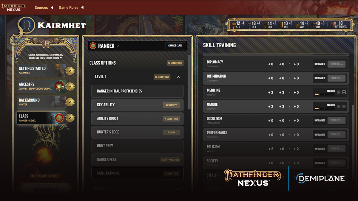 Desktop view of the character builder class options user interface