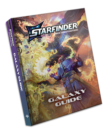 Starfinder Second Edition Galaxy Guide Pocket Edition: Starfinder iconic witchwarper Zemir, using magic to look into a bright golden cosmos