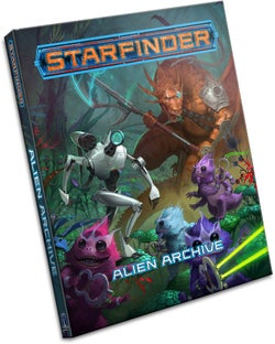 Starfinder Alien Archive: The cover art features an illustration of many different colored, fuzzy, six armed aliens called skittermanders running from an automaton and a dragon-oid alien.