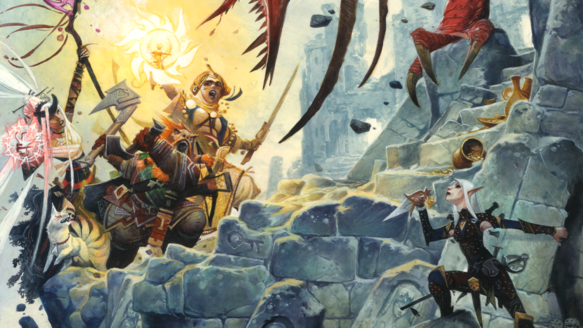 Player Core Cover featuring iconics Harsk, Kyra, and Merisiel facing against a red dragon amongst stone ruins