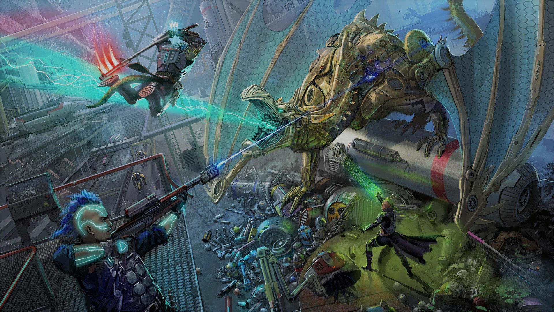 Starfinder Iconic Android Iseph, and Iconic Vesk Obozaya battling a large cybernetic dragon