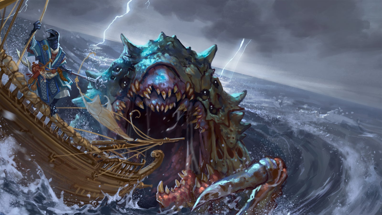 Iconic oracle, Korakai on a wooden ship holding onto a line as the ship is being pulled into the mouth of a large sea monster in the middle of a storm