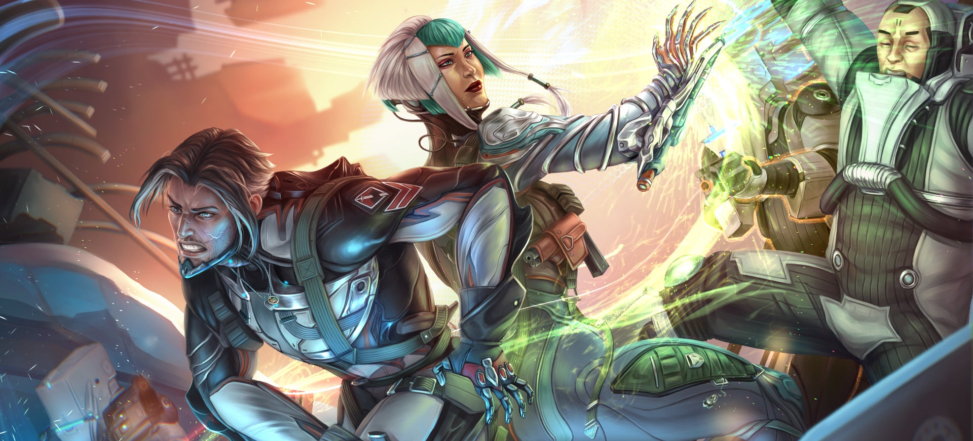 two humans in science fiction armor fighting their way through other armored humans and robots