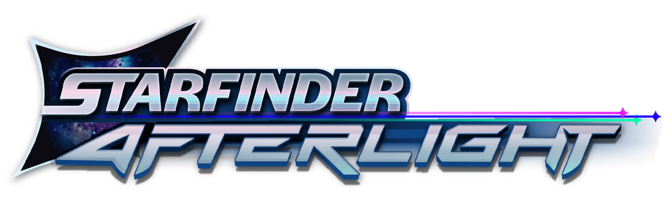 Starfinder Afterlight: Silver text on a dark blue and purple space background