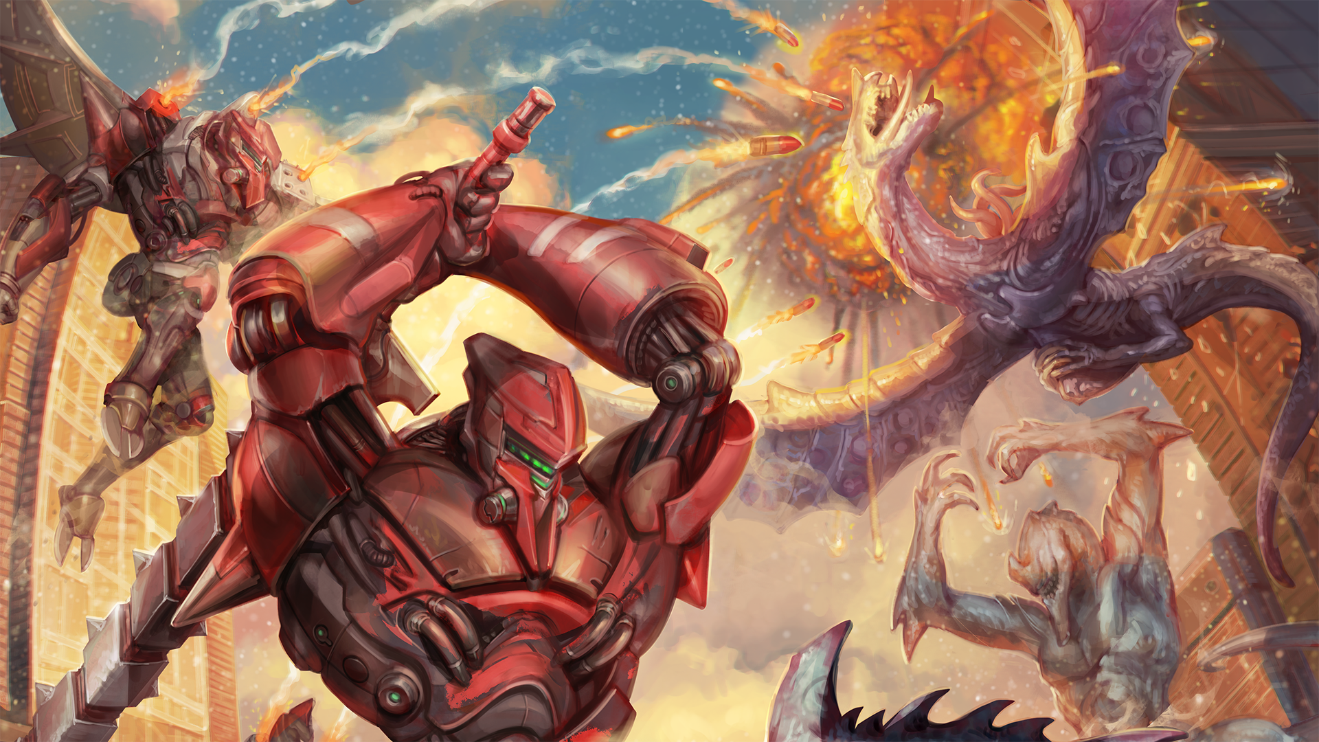 A large red mech swinging a giant sword down onto a kaiju