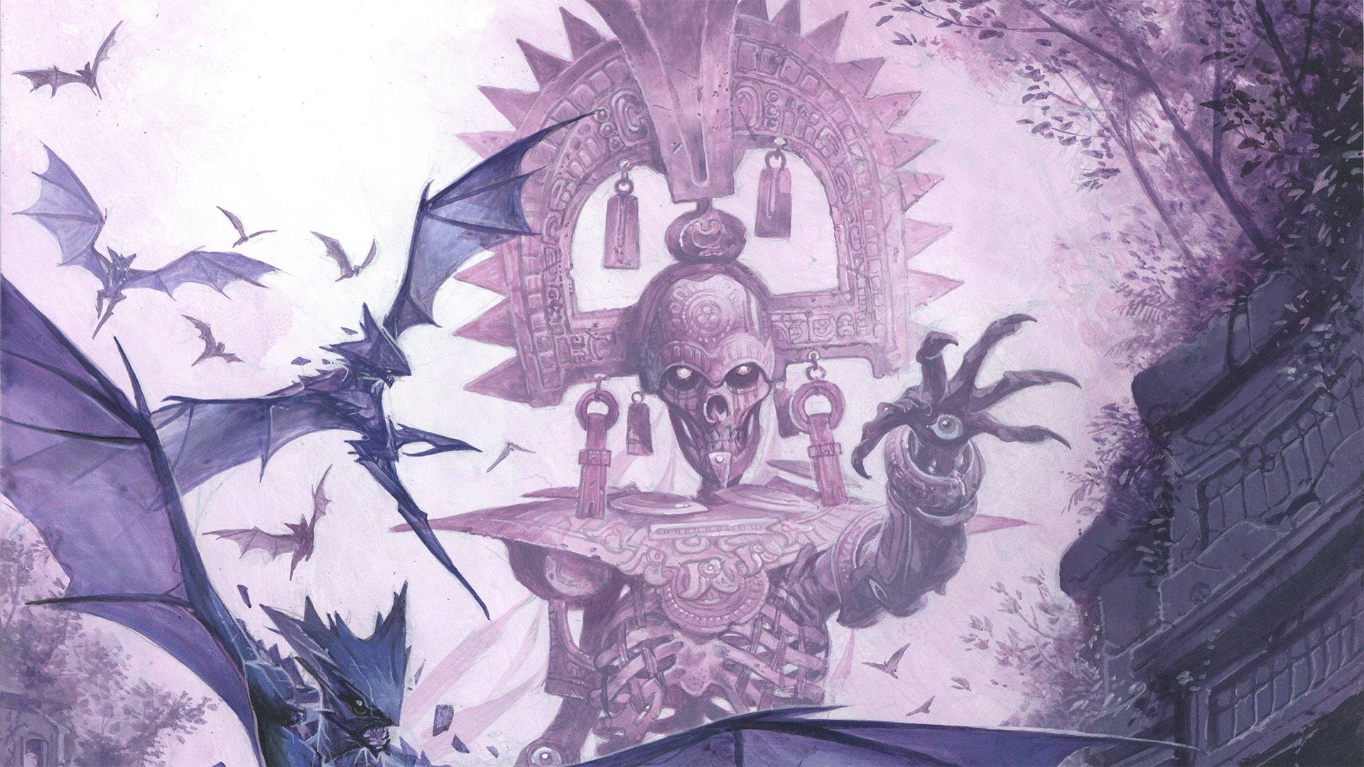  raptors and large bat-like monsters fleeing from an armored skeletal giant looming in the background.