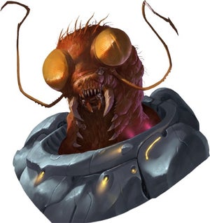 Zigvigix, a shirren with a red exoskeleton and large orange compound eyes, leader of the Exo-Guardians.