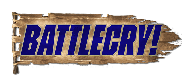 Blue block text spelling out 'Battlecry!' over the top of a tattered brown flag