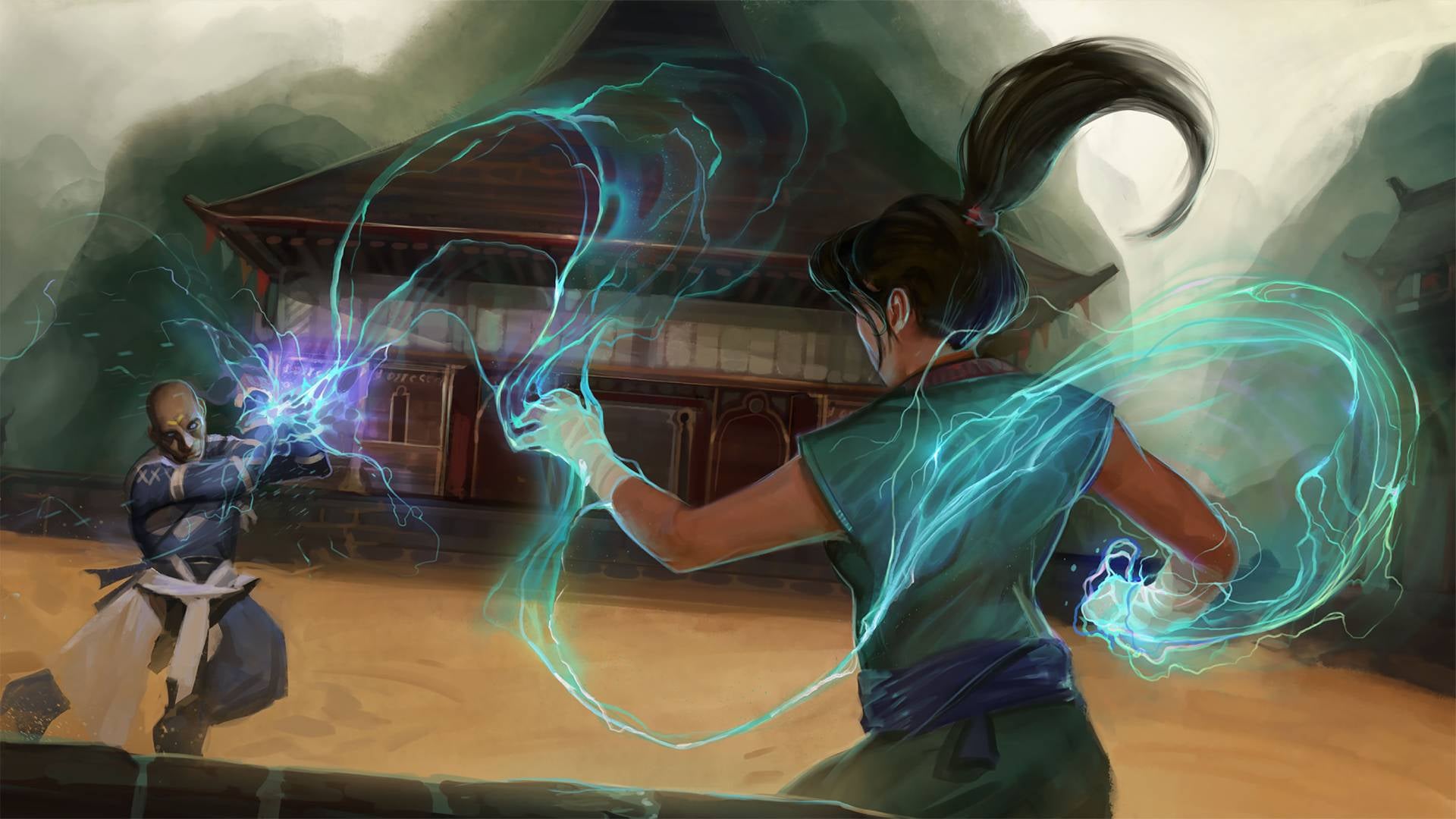 Two martial artists fight in the center of a wide arena. A spiraling bolt of lightning arcs from one’s outstretched hand and is reflected off the other’s crossed bracers.
