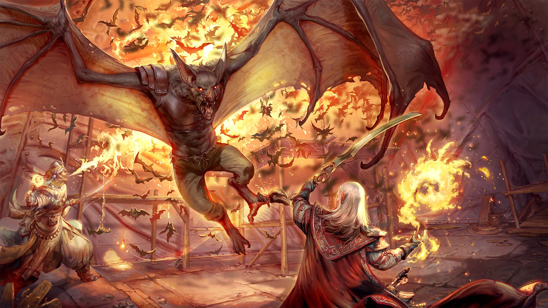 Pathfinder iconics use fire to battle a large bat-like creature