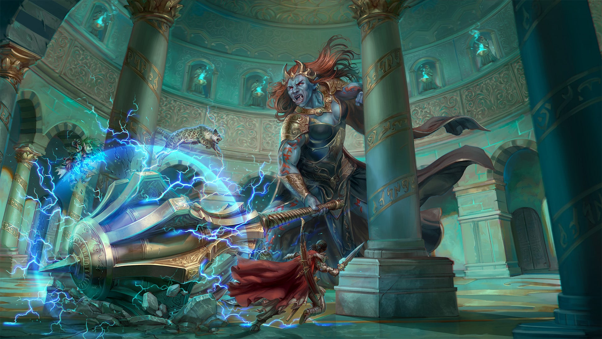 Pathfinder iconic champion, Seelah, jumping out of the way ask a blue skinned giant woman covered in rune tattoos swings a giant mace down onto her.