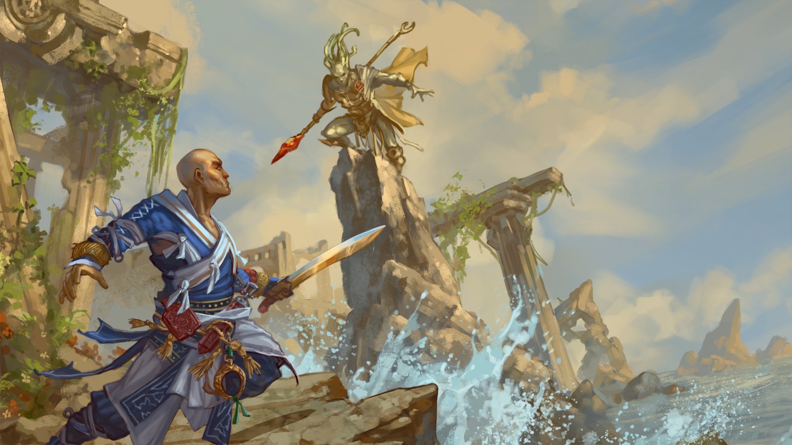 Pathfinder iconic monk, Sajan standing on a rocky ledge that's breaking off into the crashing waves below him. His sword is drawn and he's facing a humanoid monster with snake-like hair standing on a rock jutting out of the taller above him.