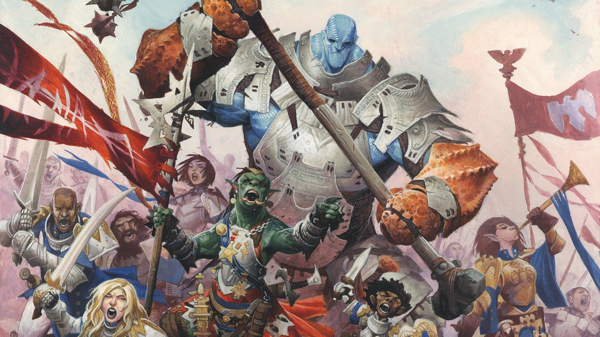 Pathfinder Second Edition Battlecry! cover art. A diverse army dressed in silver and gold plate armor runs forward with an orc leading the charge