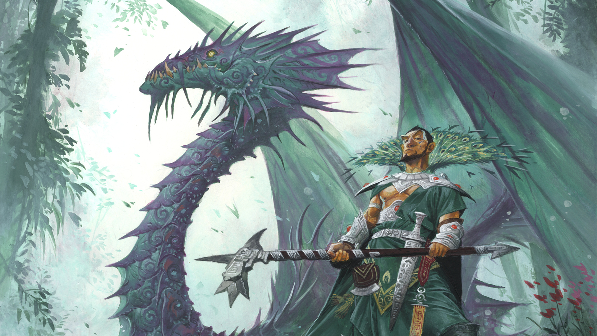 A nicely dressed man wearing green and silver robes standing in front of a green and purple dragon