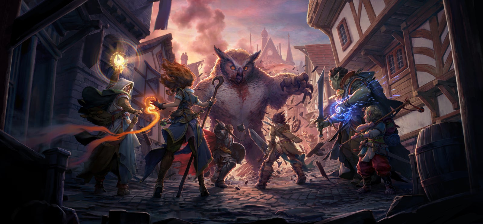 Pathfinder iconics and their companions face an owlbear damaging through an urban town