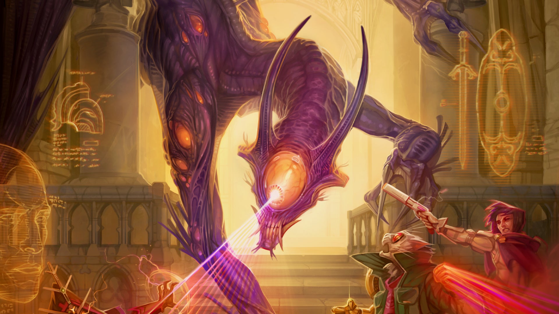 Starfinder Second Edition Player Core: Starfinder iconics, Navasi, Dae, and ChkChk fave against a large purple skinned dragon alien with a single large yellow eye in the center of its face and a number of smaller yellow eyes running down its arms. The dragon is focusing it's laser-like glare down onto Chkchk