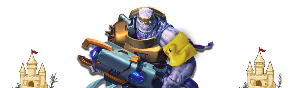 Vigilant, the purple Paizo golem, dressed in space armor with a rubber ducky arm floaty standing between two small sand castles