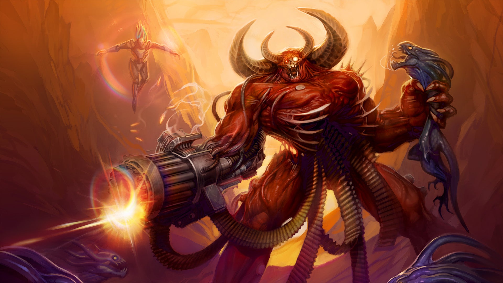 A large, red skinned, demon firing a large gun that's been implanted in their arm while gripping a smaller alien in their other hand.