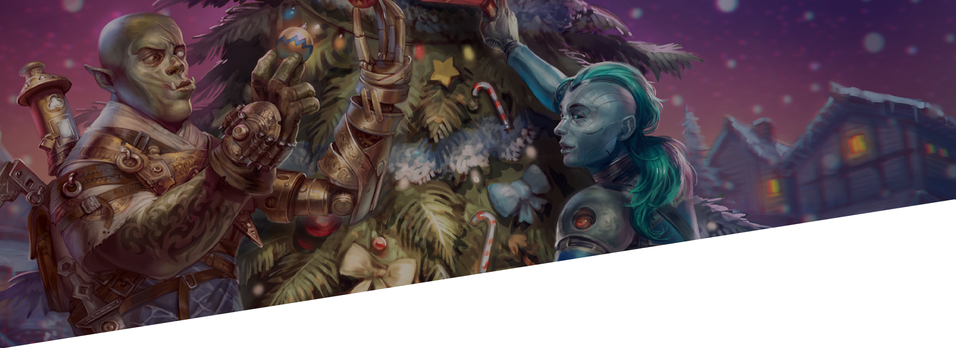 Pathfinder iconic inventor, Droven, and starfinder iconic operative, Iseph, decorate a holiday tree on a snowy night