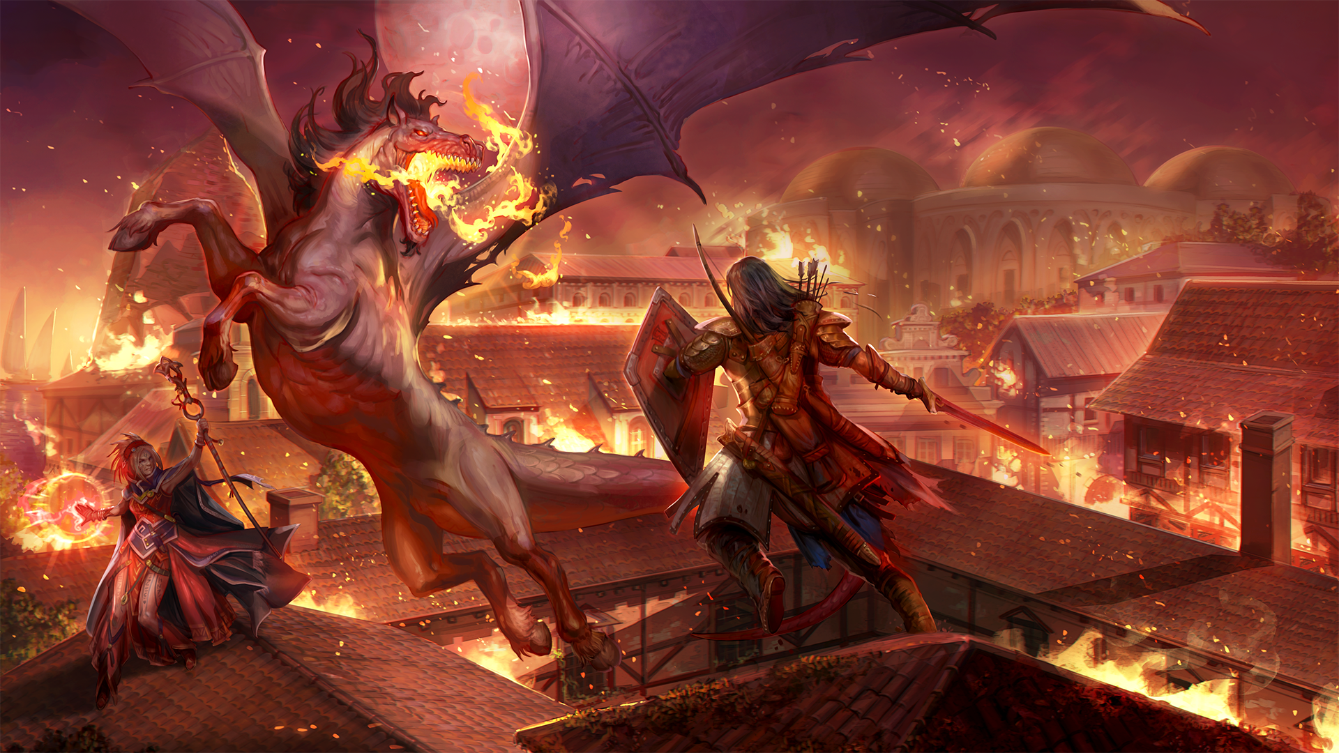 Pathfinder iconics, Seoni and Valeros, battling a winged, fire-breathing horse on the roof of a burning building