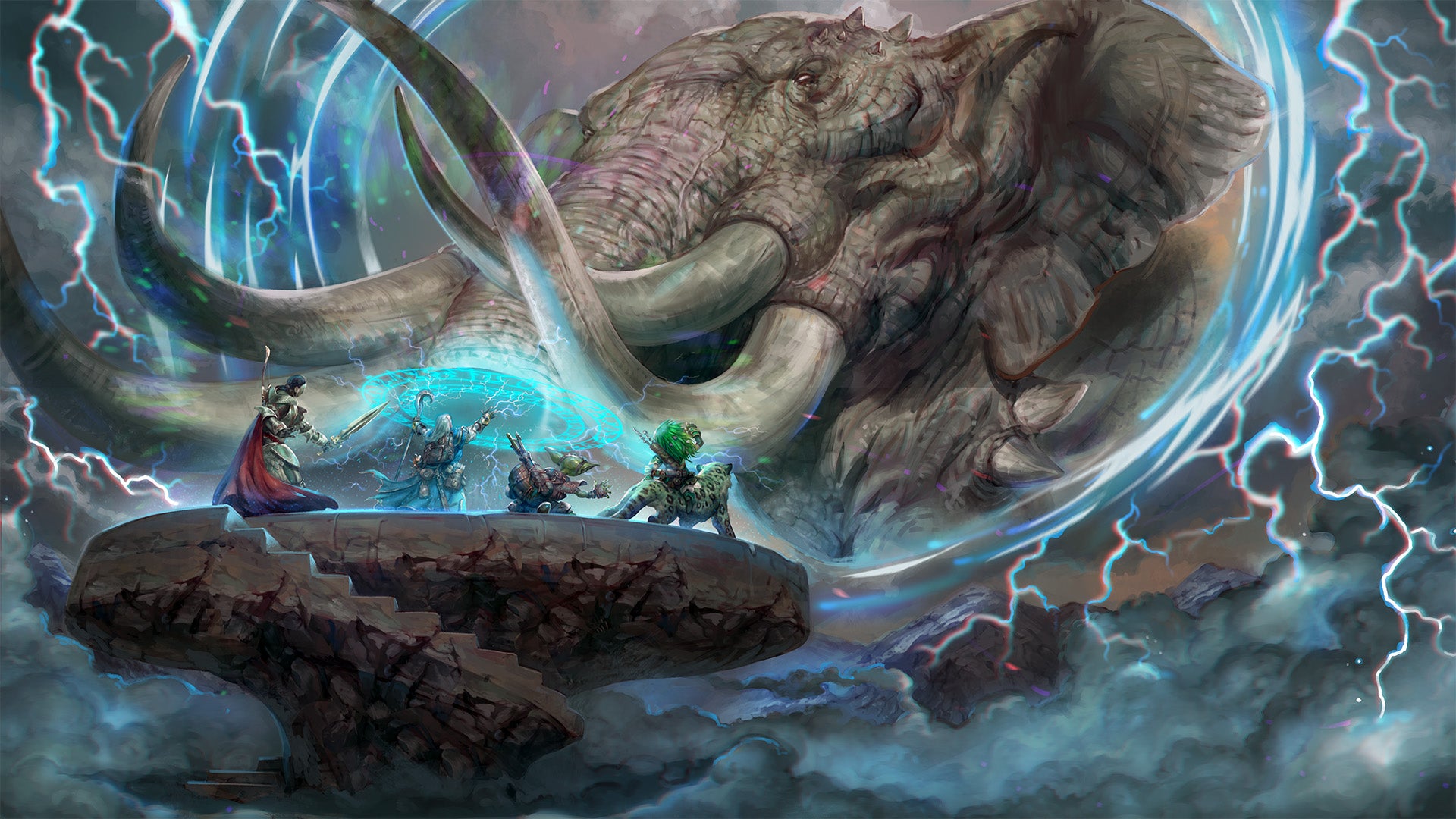 Pathfinder iconics standing on a raised stone platform. Iconic wizard, Ezren is casting a large spell while facing a large portal in the sky in which a giant olyphant is attempting to cross through.
