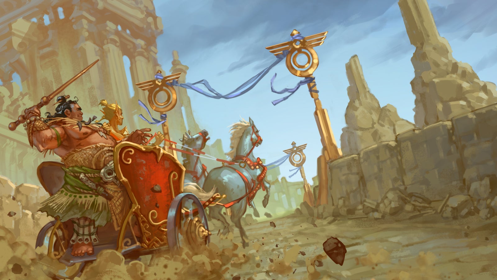 Pathfinder iconic exemplar, Nahoa, riding in a horse drawn chariot with a javelin held high above his head as he aims for a target high above the track. 