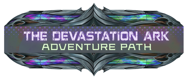 The Devastation Ark Adventure Path, text logo. Purple text on a grey stylized background