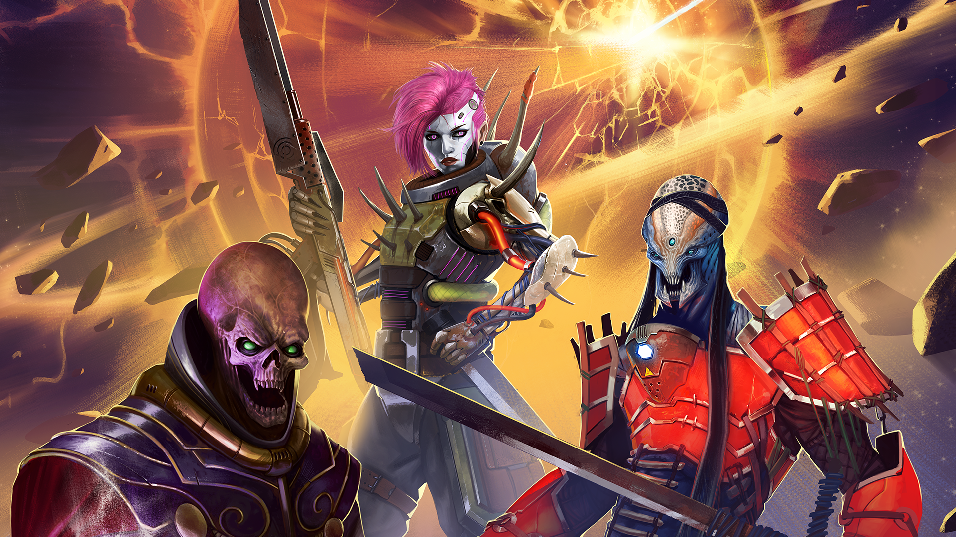 Three beings stand in the foreground with a planet exploding in the background. On the left if a humanoid with skull-like features, glowing green eyes, and a dark blue and gold armor, in the middle is a pale humanoid with spiked armor and bright pink hair, to the right is a humanoid in red armor with blue skin and mandibles protruding from their jaw